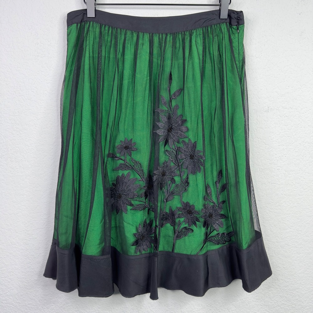 Anthropologie Lithe Skirt 6 Green‎ Black Embroidered Overlay Romantic Whimsigoth